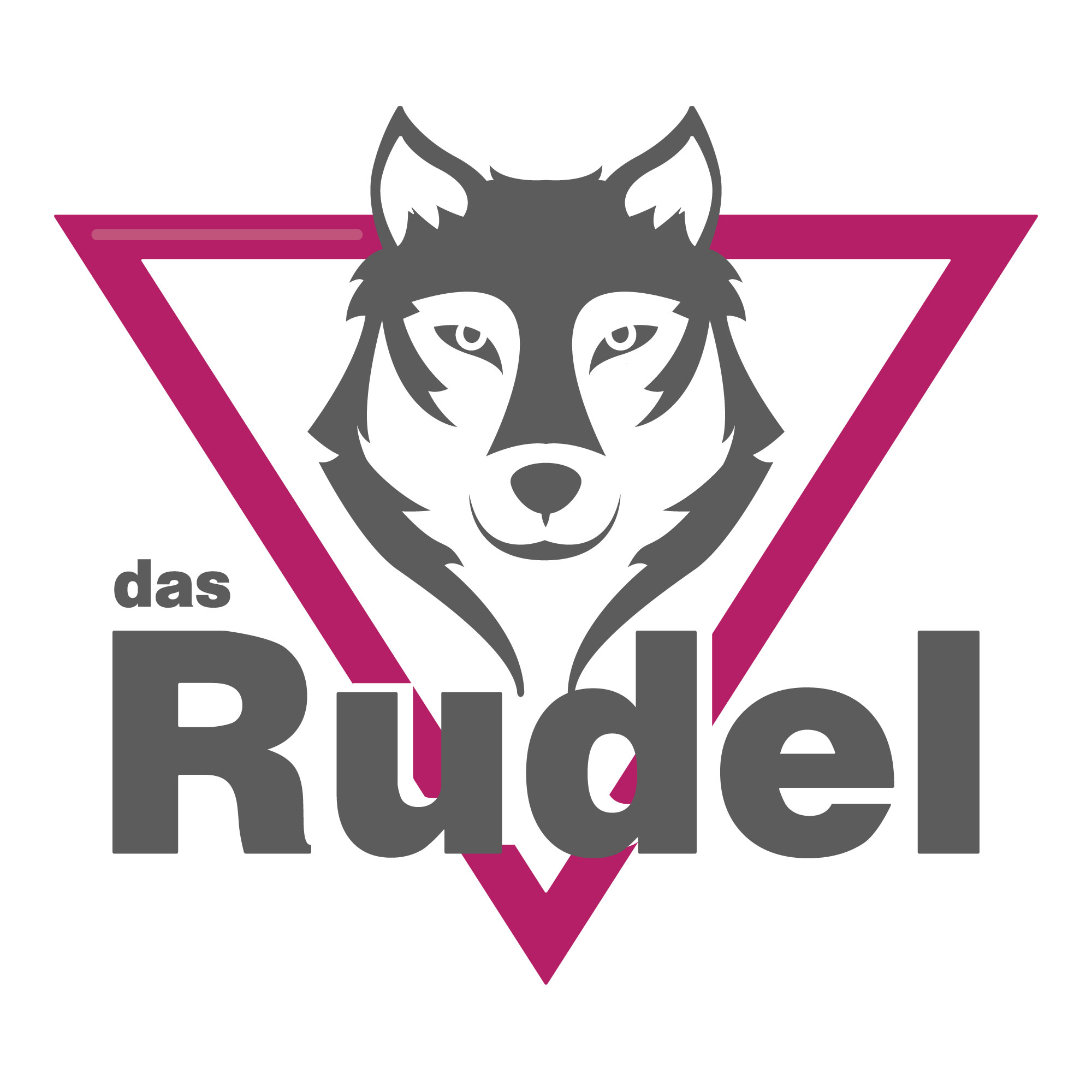 Das Rudel“ Logo – ein stilisierter Wolfskopf in Grau, umrahmt von einem magentafarbenen Dreieck. Der Schriftzug „das Rudel“ steht darunter in fetten, grauen Buchstaben. Logo des Online-Magazins für Circuit Music und Clubkultur, gegründet von Pedro Biedma
